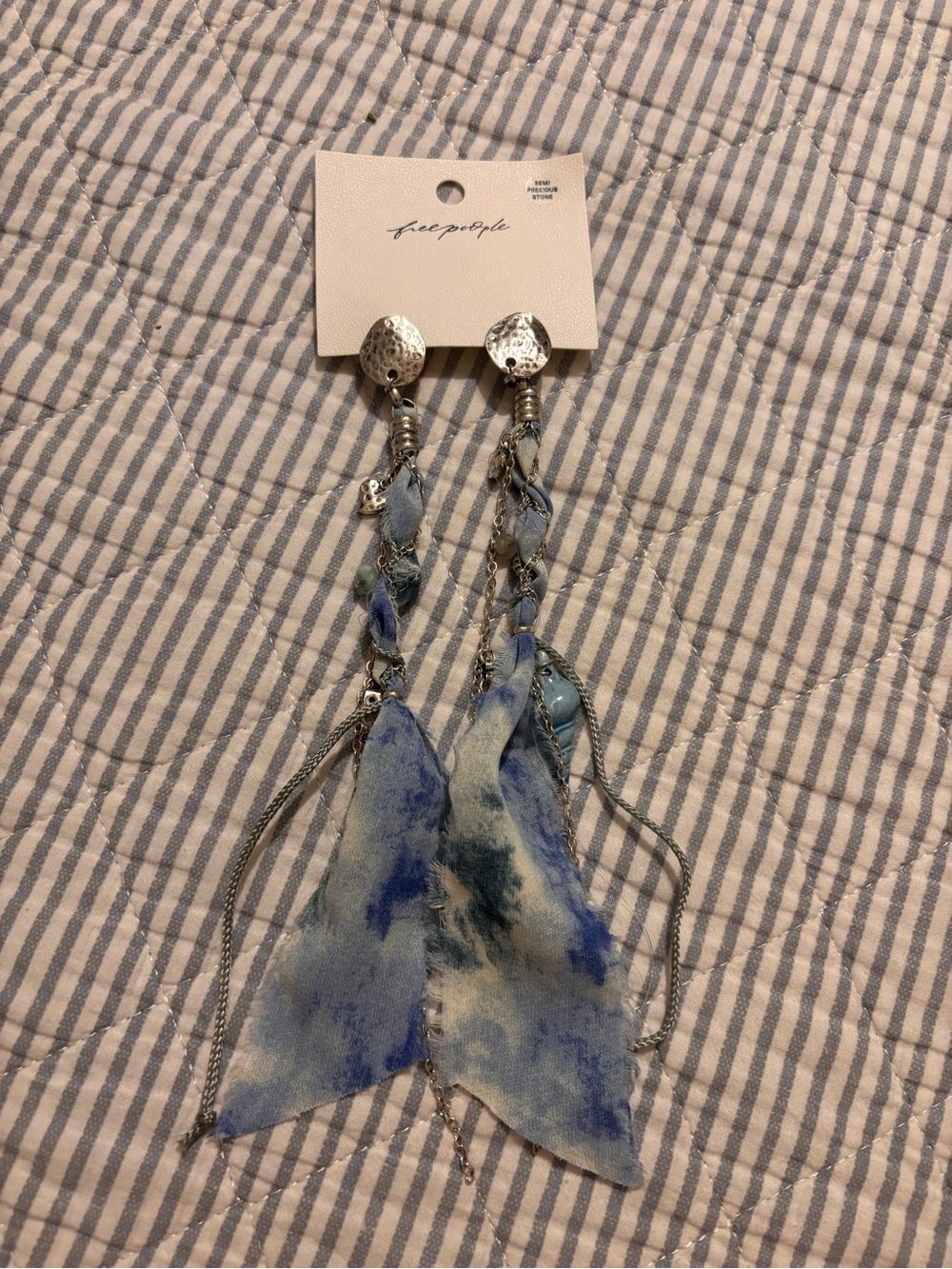 Free People Blue Tie-Dye Boho Drop Earrings with Silver Accents